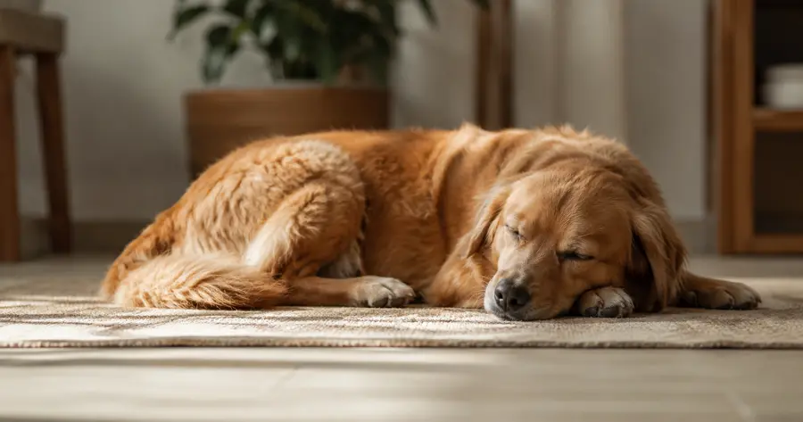 Golden Retriever schläft entspannt auf einem Teppich in einem Wohnzimmer