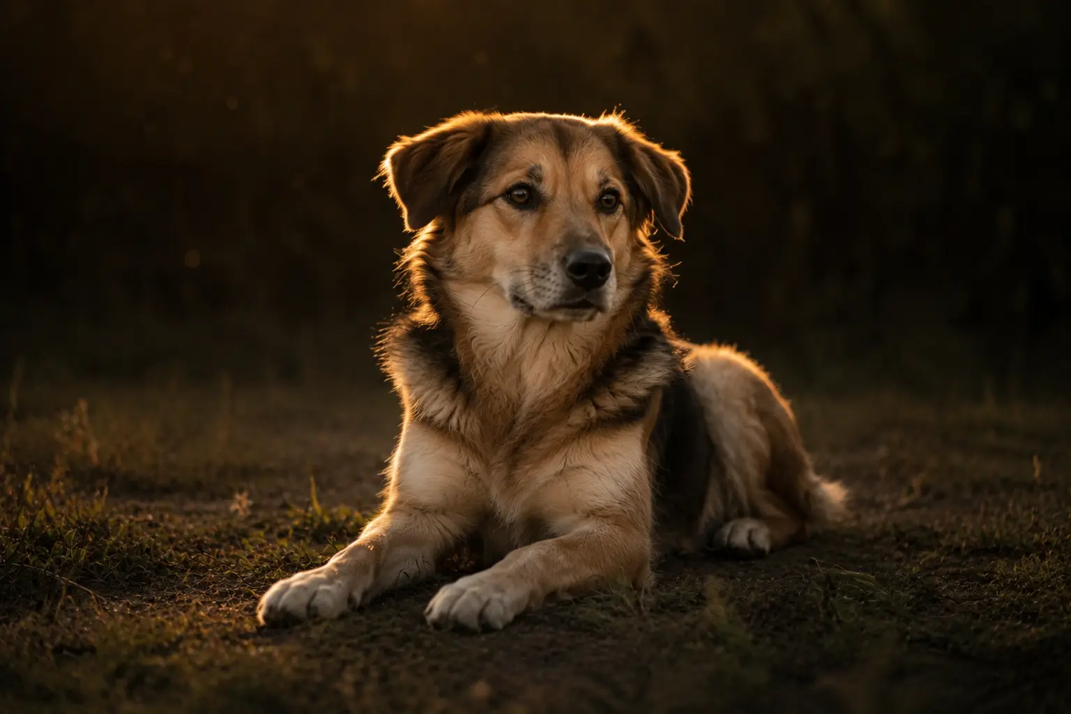 Mischlingshund liegt im warmen Abendlicht auf einer Wiese