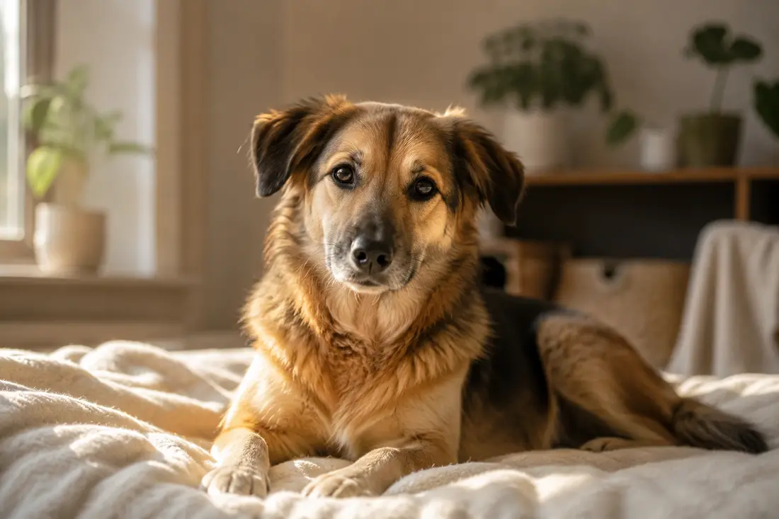 Mischlingshund liegt auf einer hellen Decke in einem sonnigen Wohnzimmer