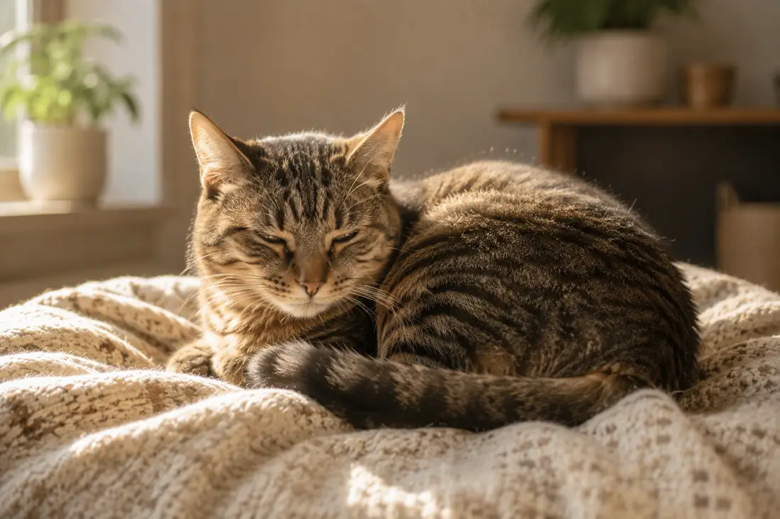 Getigerte Katze schläft zusammengerollt auf einer Strickdecke im Sonnenlicht