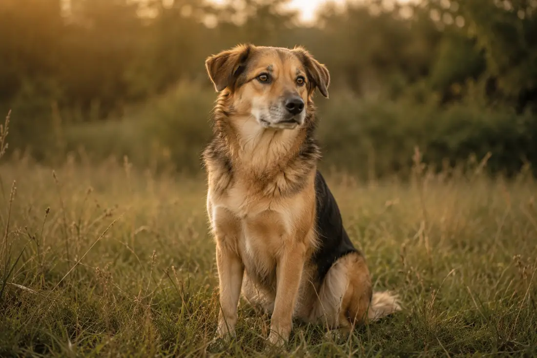 Goldbrauner Mischlingshund sitzt im Abendlicht auf einer Wiese